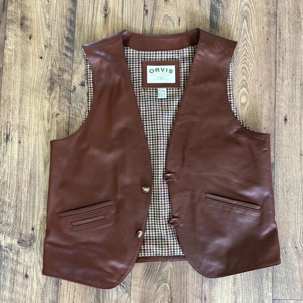 Vintage Orvis Leather Vest Men's Large Brown Plaid Lined Button Front Outdoor